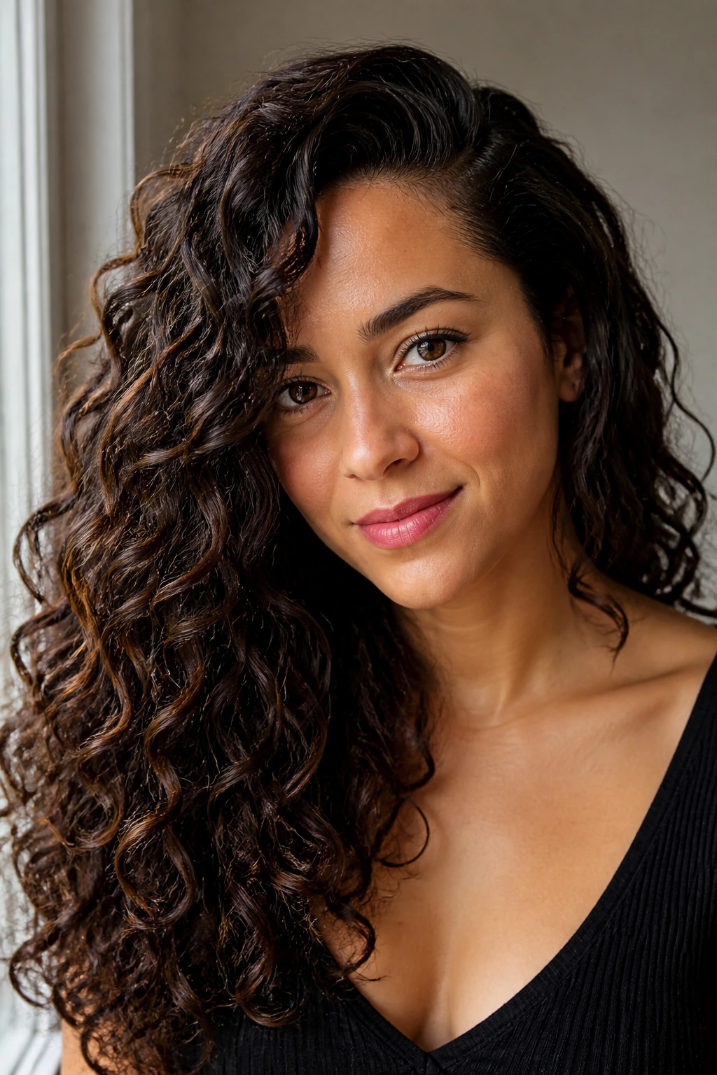 Close-up of a real person with deep side-parted cascading curls framing the face