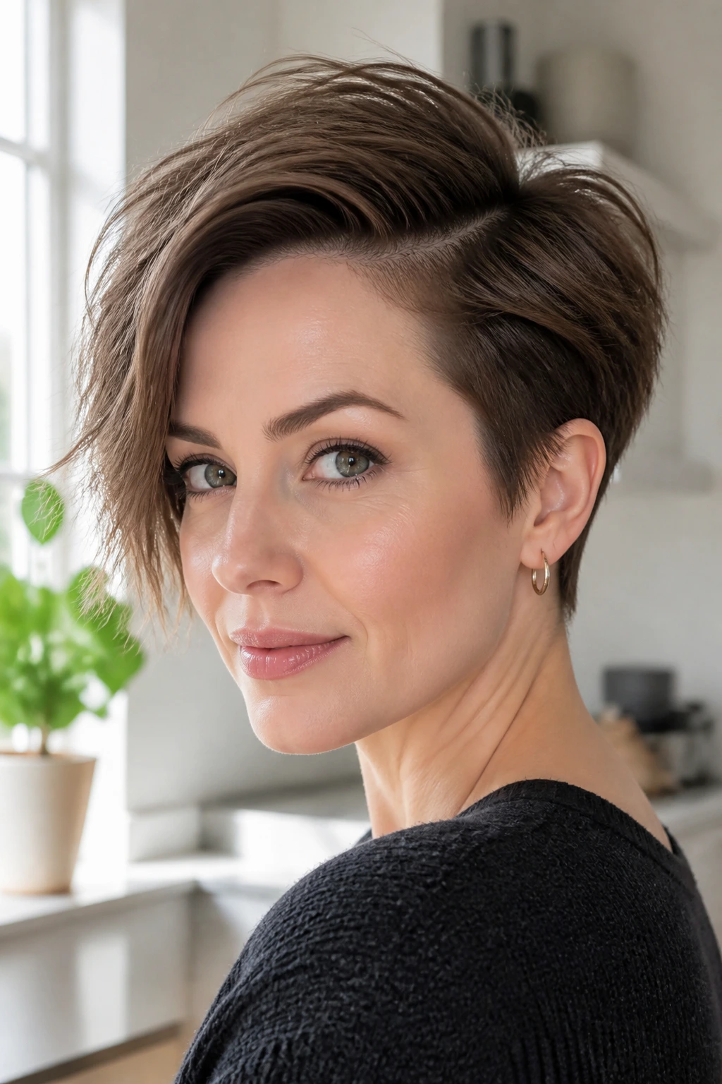 Deep Side Part Pixie close-up of a real woman with a dramatic deep part for volume