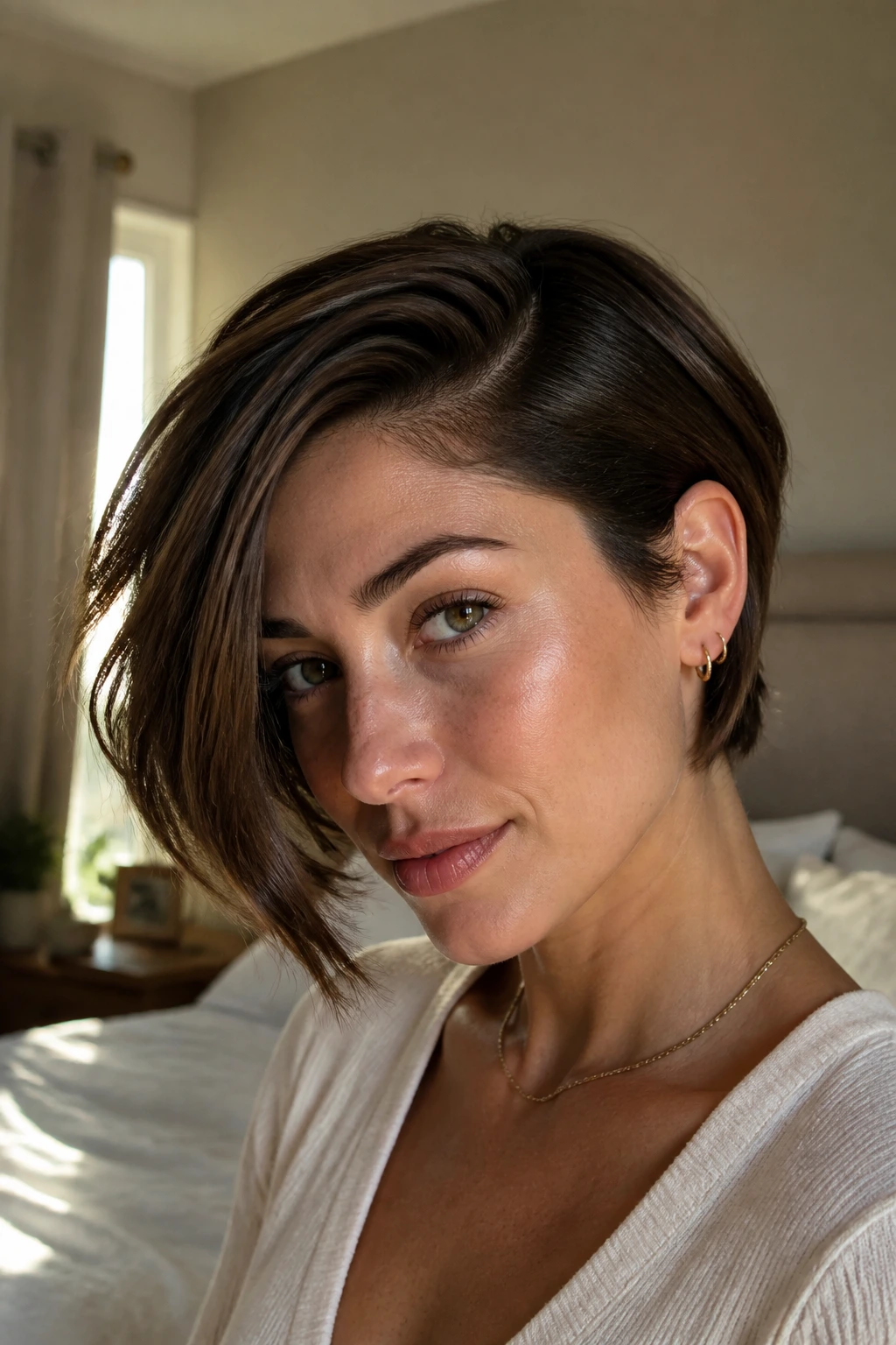Close-up of a real woman with a deep-side-part pixie bob.