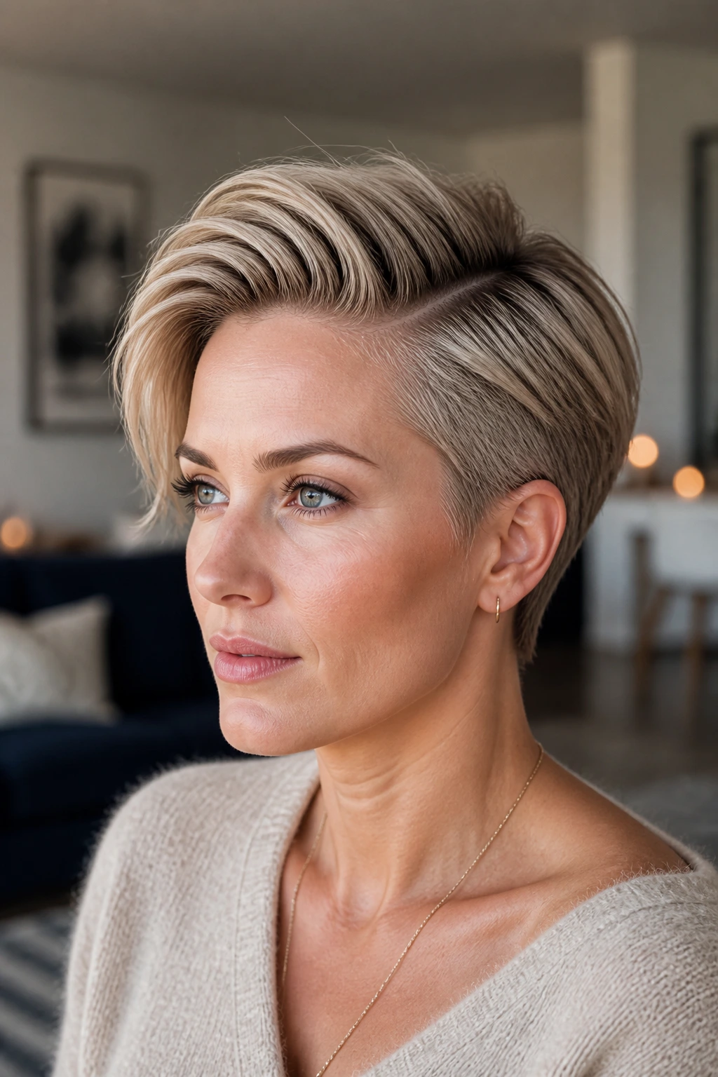 Close-up portrait of a real woman with a deep side-part pixie sweep, lift at roots and sleek front.