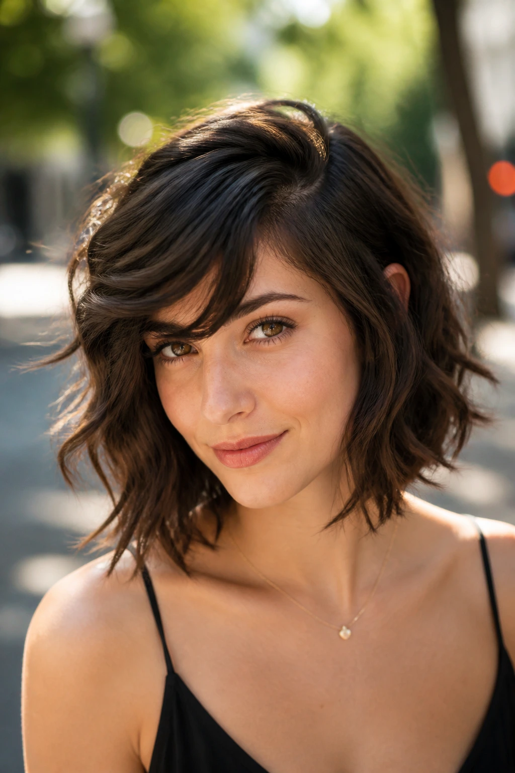 Brunette with deep side part shaggy bob, in sunlit outdoor setting.