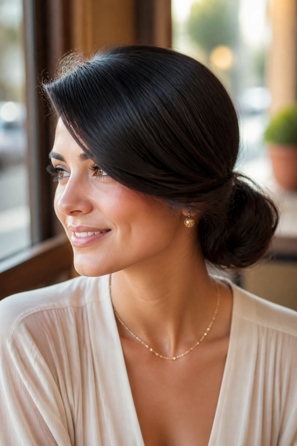 Close-up of a real woman with deep side sweep into a low bun