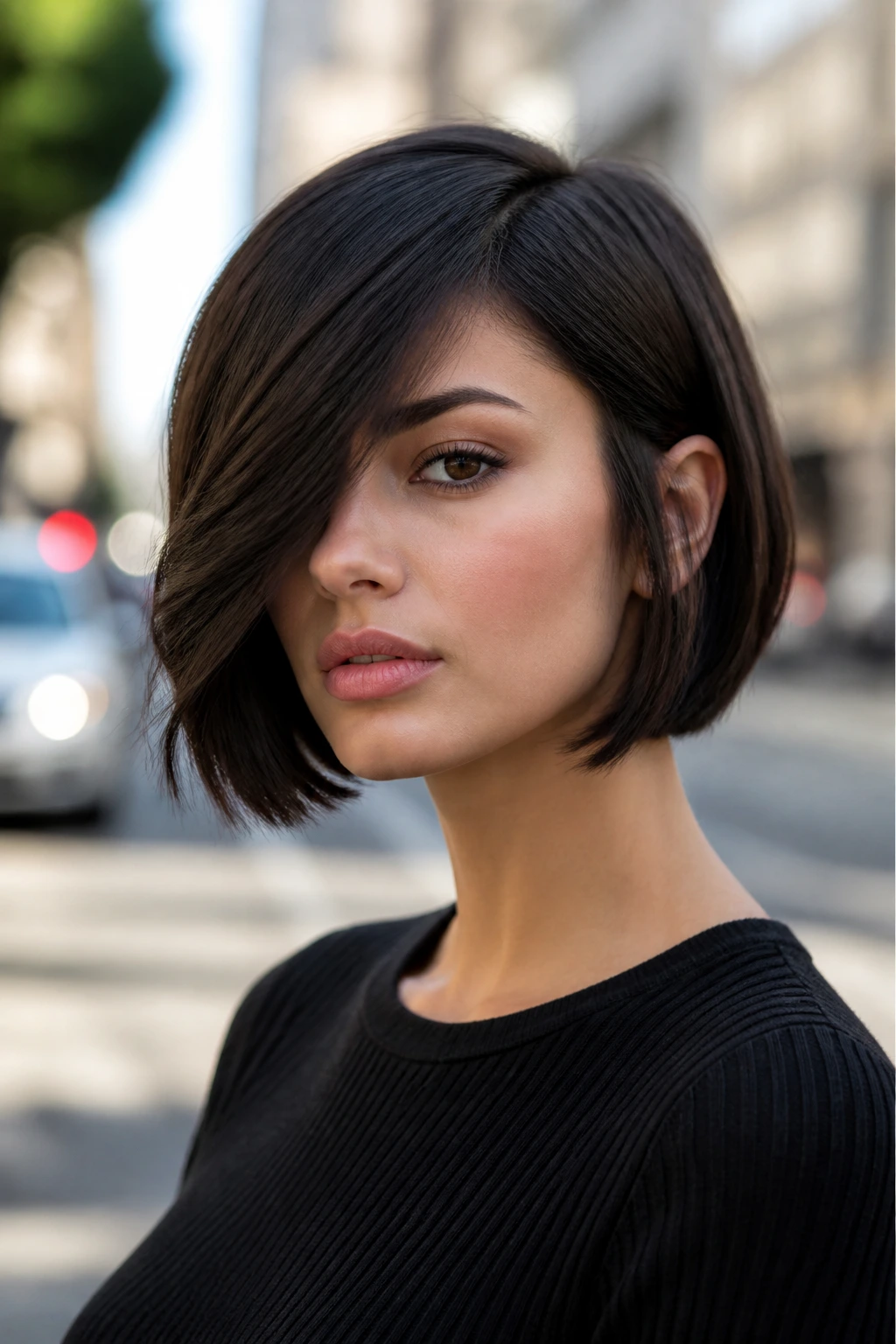 Close-up of real woman with deep side-sweep blunt bob