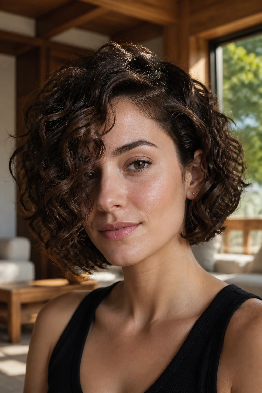 Close-up of a real woman with a deep side-sweep bob showing asymmetrical face framing