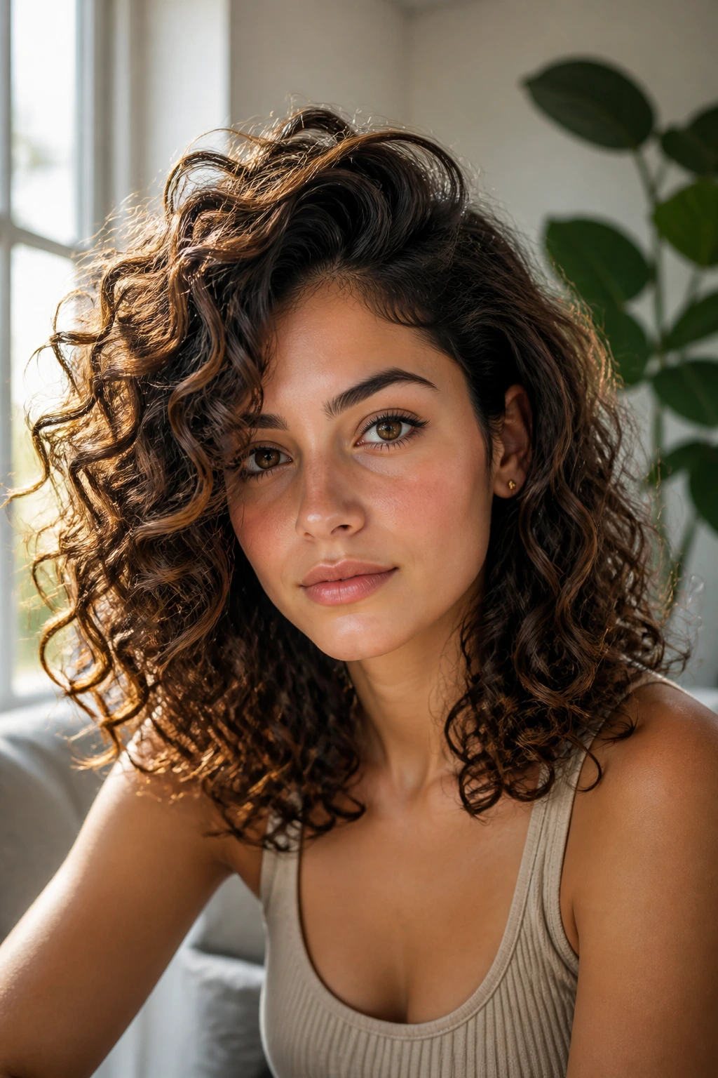 Close-up of a real woman with a deep side-sweep in shoulder-length curls