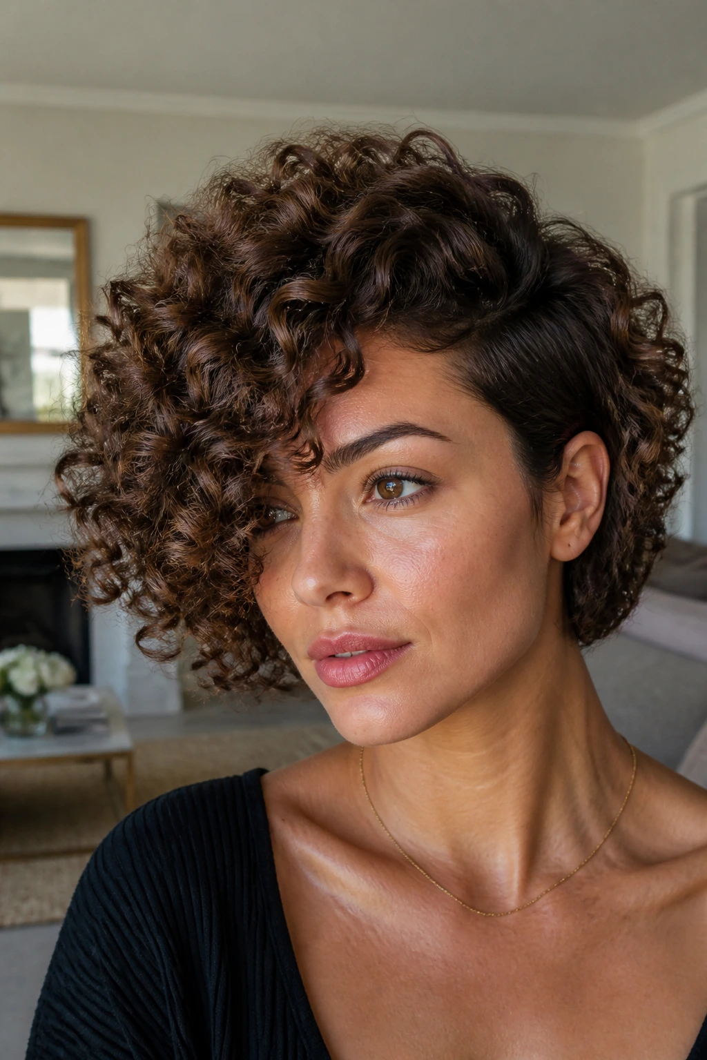 Portrait of a woman with curly bob and a deep side sweep across the forehead.