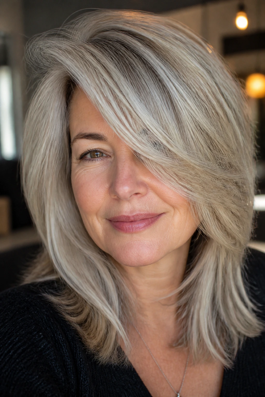 Close-up of a real woman with a deep side sweep and long face frame
