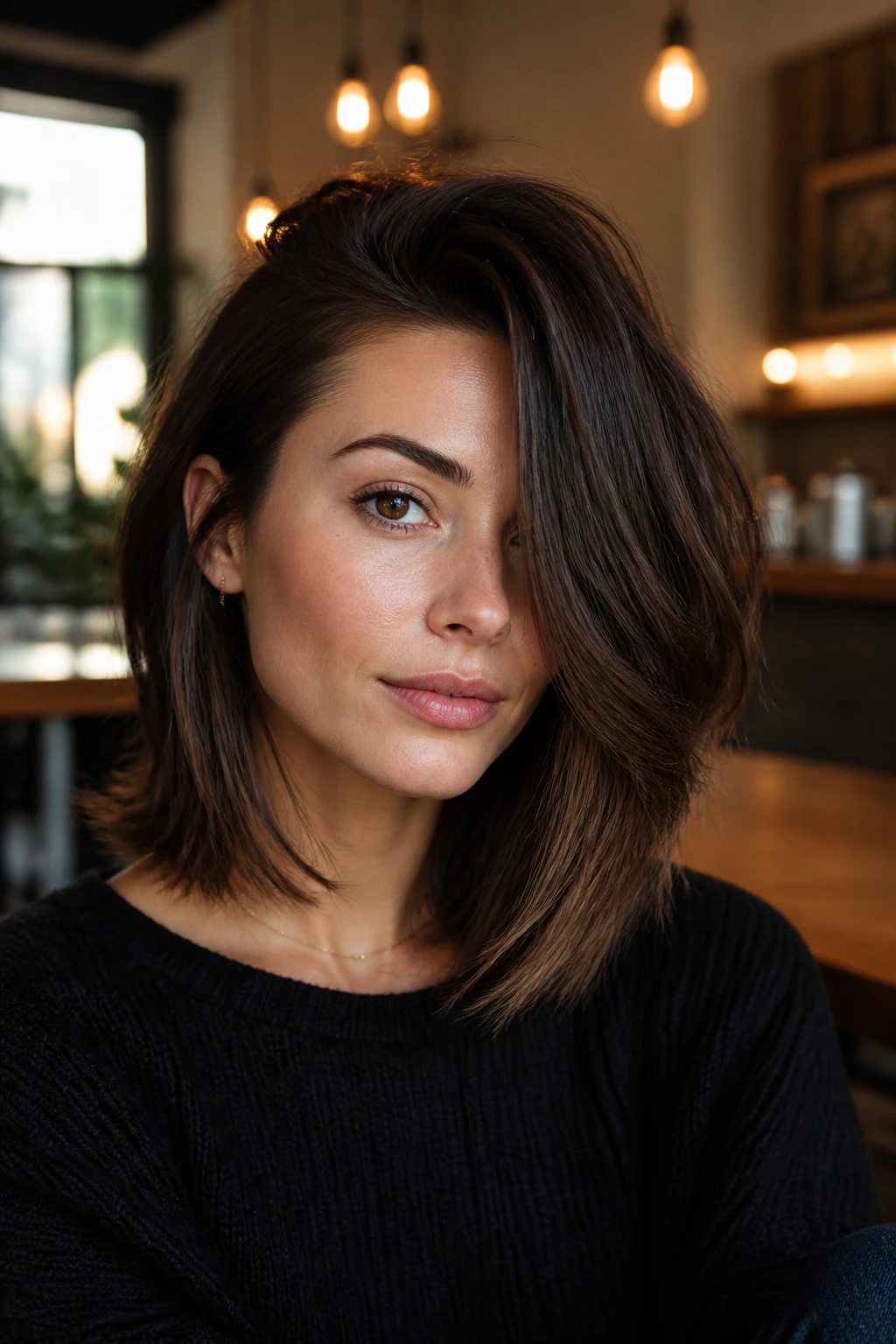 Close-up portrait of a real person with a Deep Side-Sweep Lob under natural light