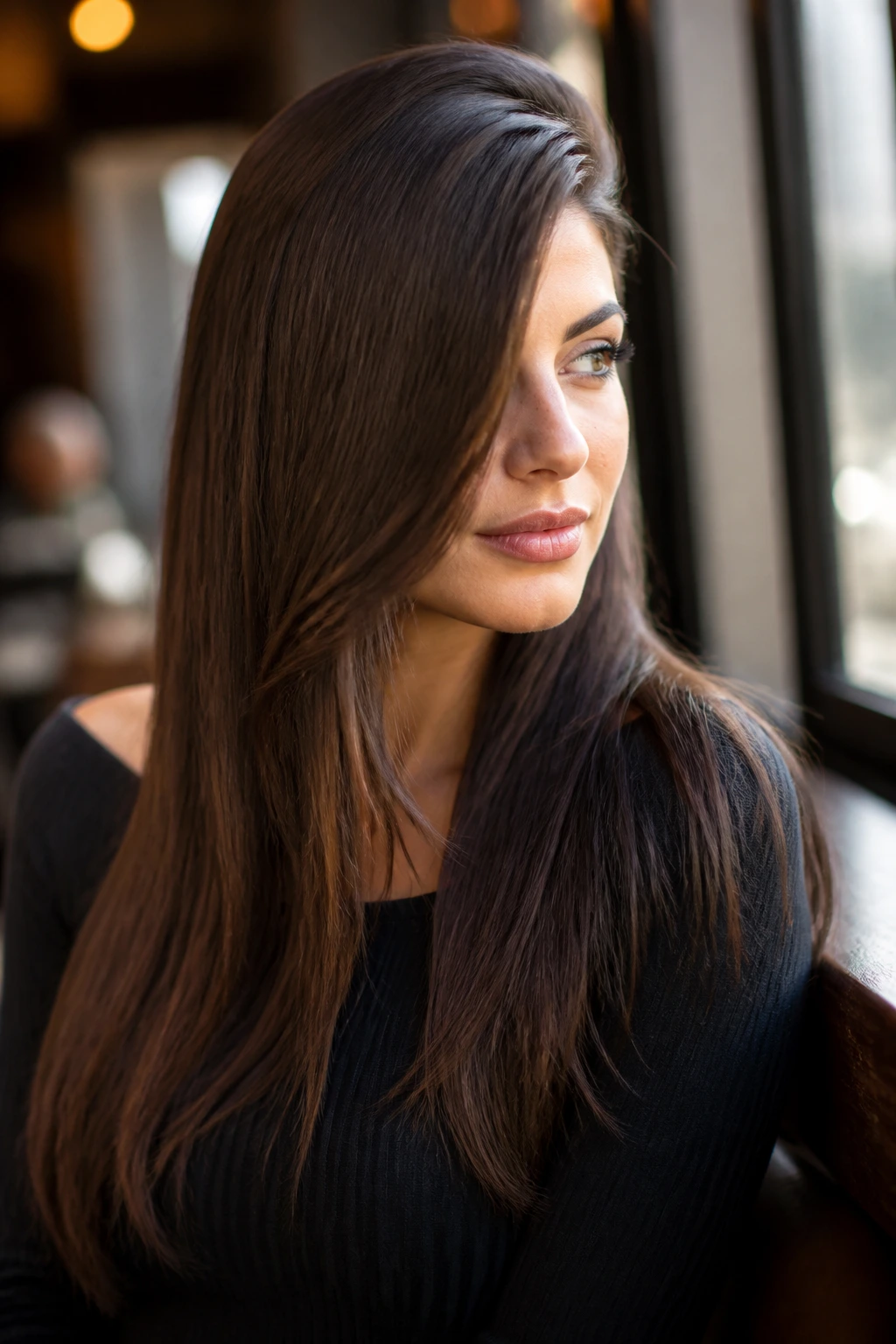 Portrait of a real woman with a deep side sweep on thick straight hair