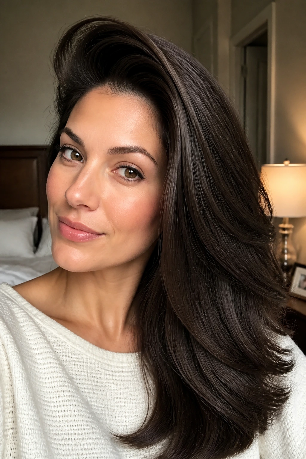 Close-up portrait of a real woman with a deep side swept hairstyle on thick hair in warm bedroom light
