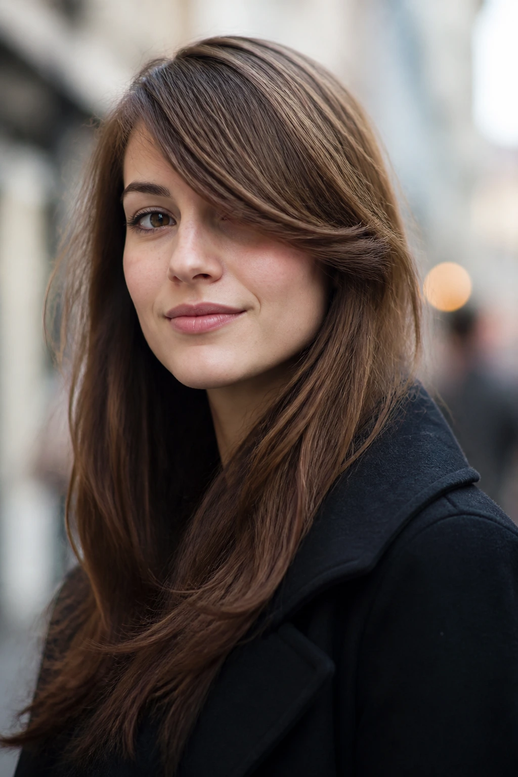 Portrait of a real woman wearing deep side-swept bangs