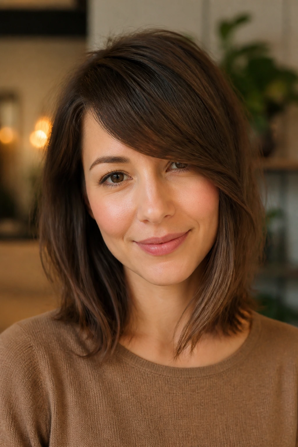 Close-up portrait of deep side-swept bangs on a real person