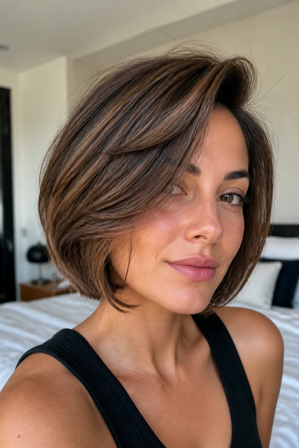 Real woman with deep side-swept bob and soft bend