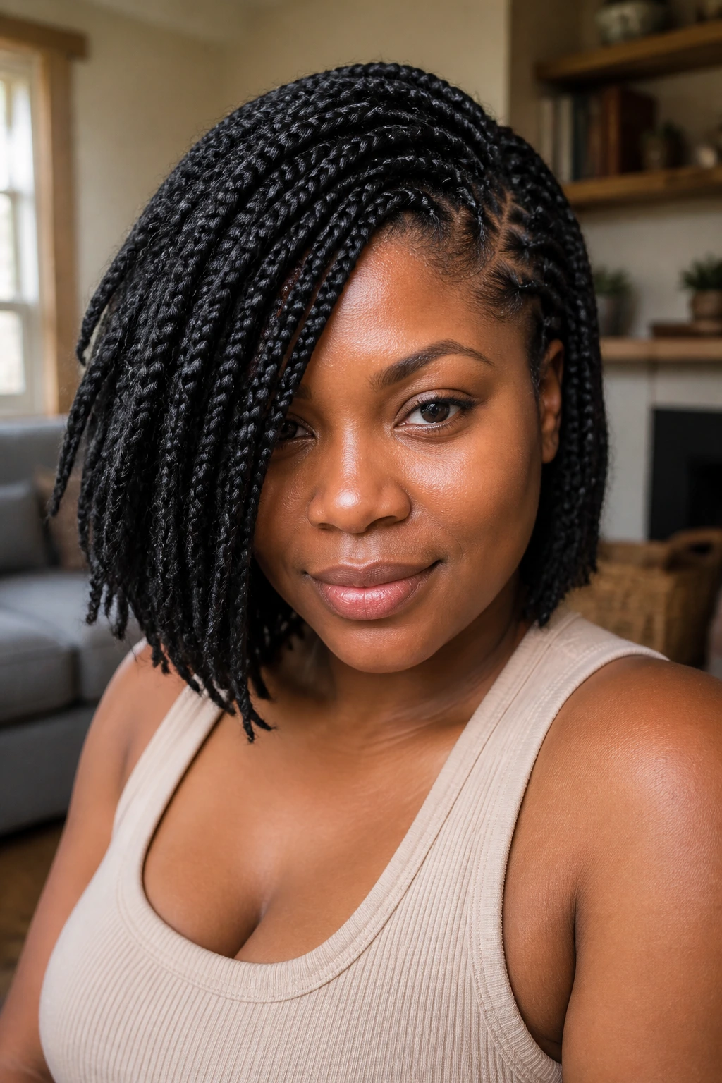 Close-up of a woman with deep side-swept bob box braids, one side voluminous, natural window light