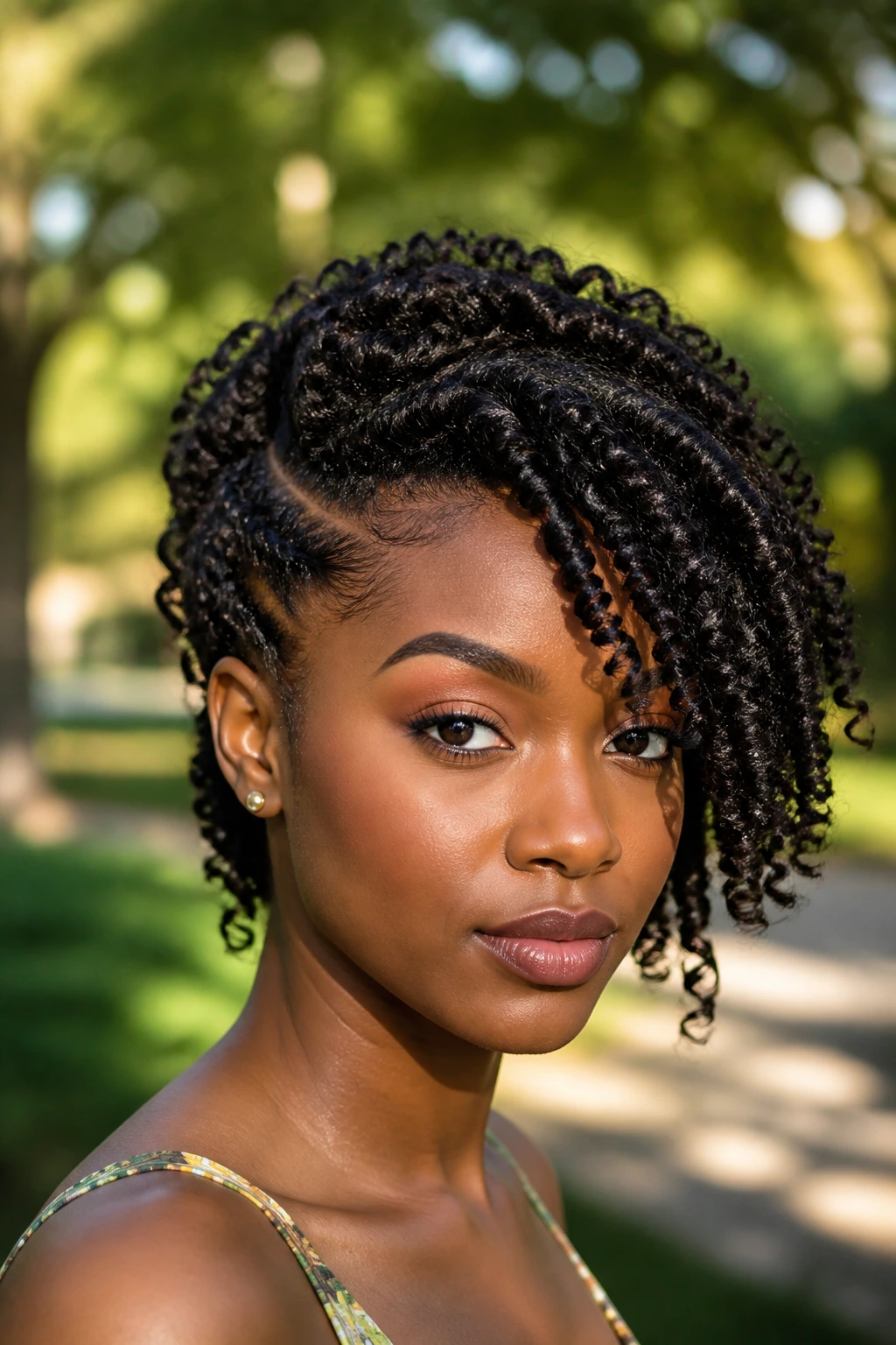 Close-up of a real person with deep side-swept coils across the forehead