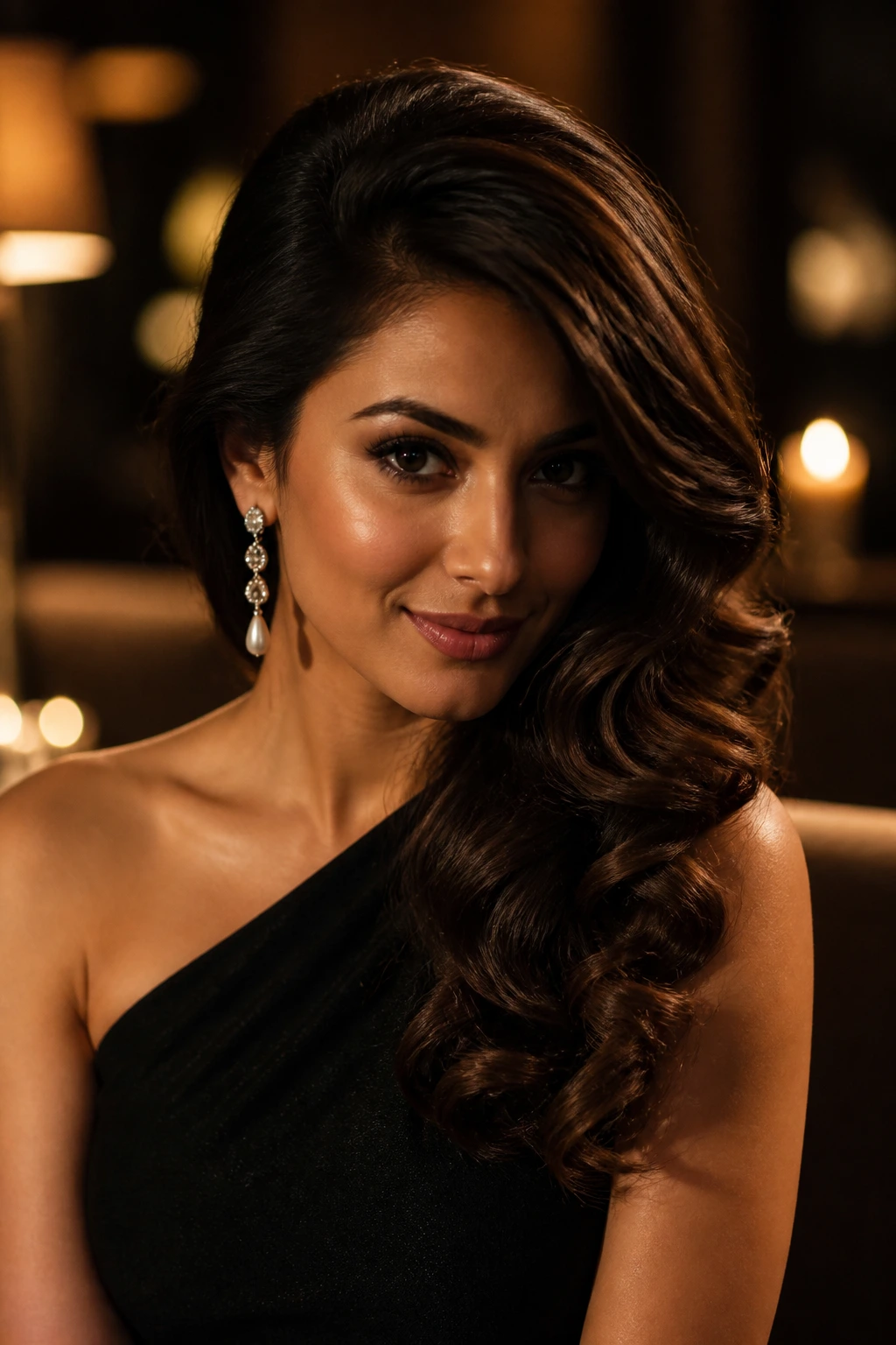 Close-up of a real woman with deep side-swept curls over one shoulder
