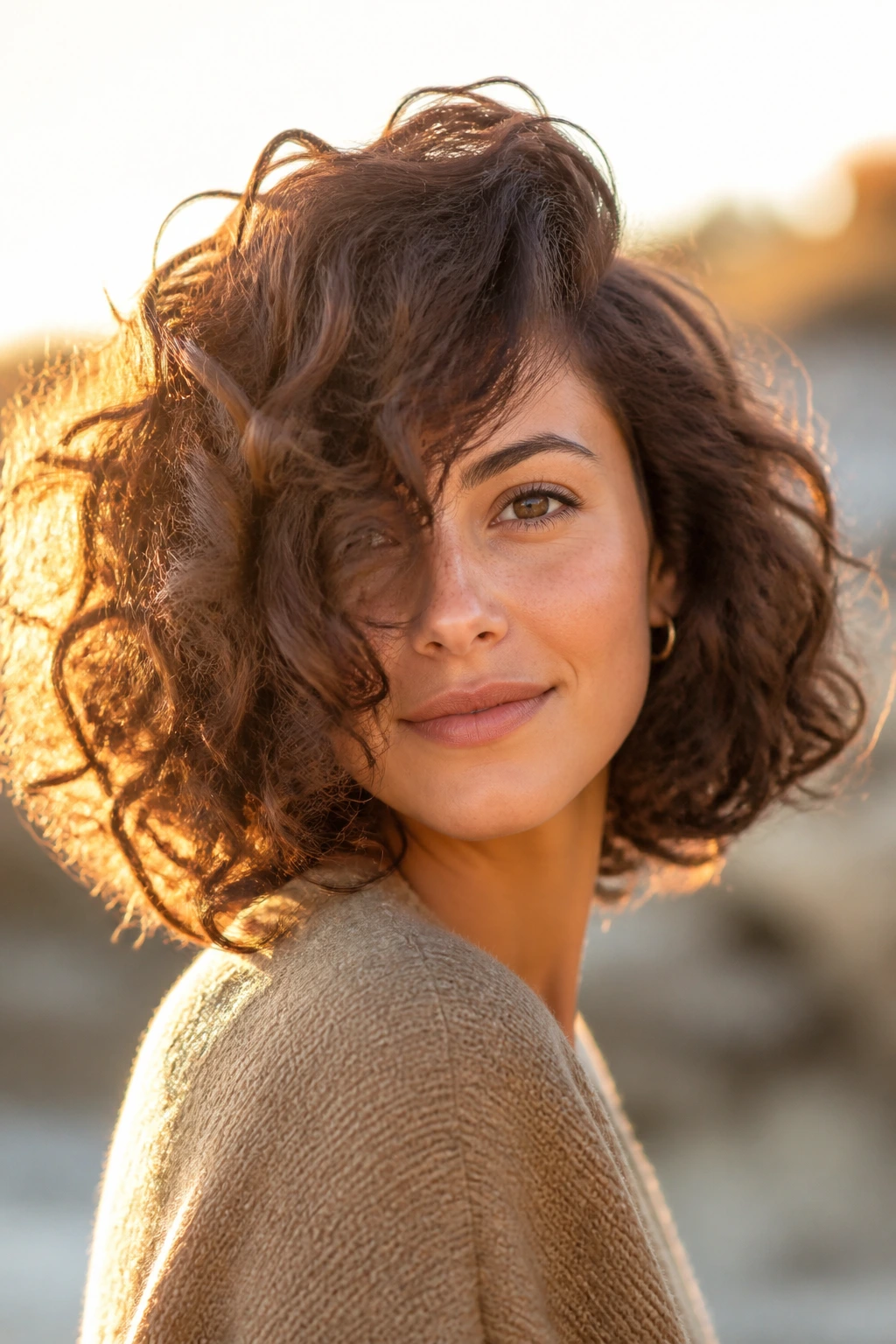 Close-up portrait of deep side-swept curly lob on a real person