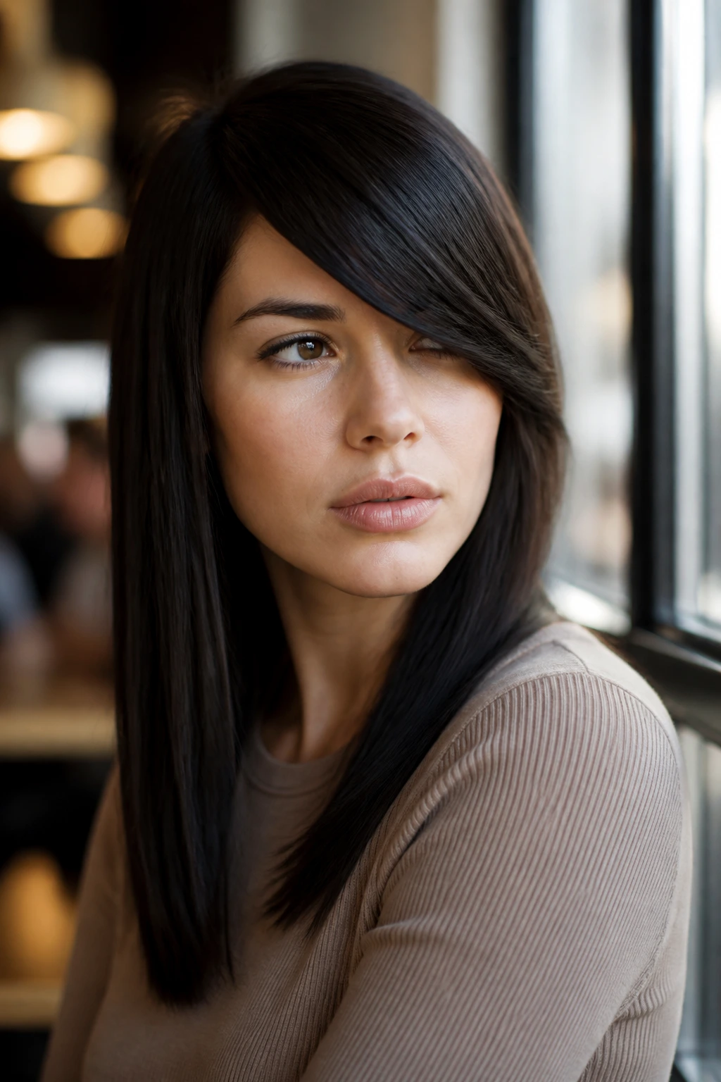 Portrait of a woman with a deep side-swept fringe across the forehead