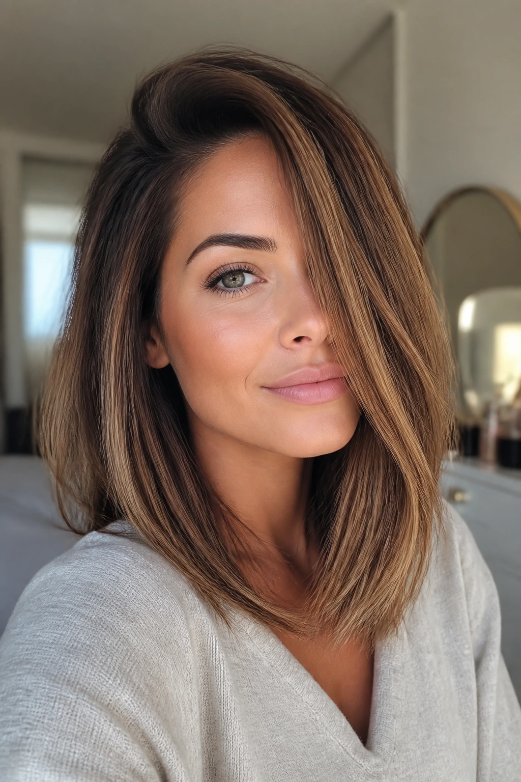 Close-up of a real woman with a deep side-swept lob and dramatic crown lift