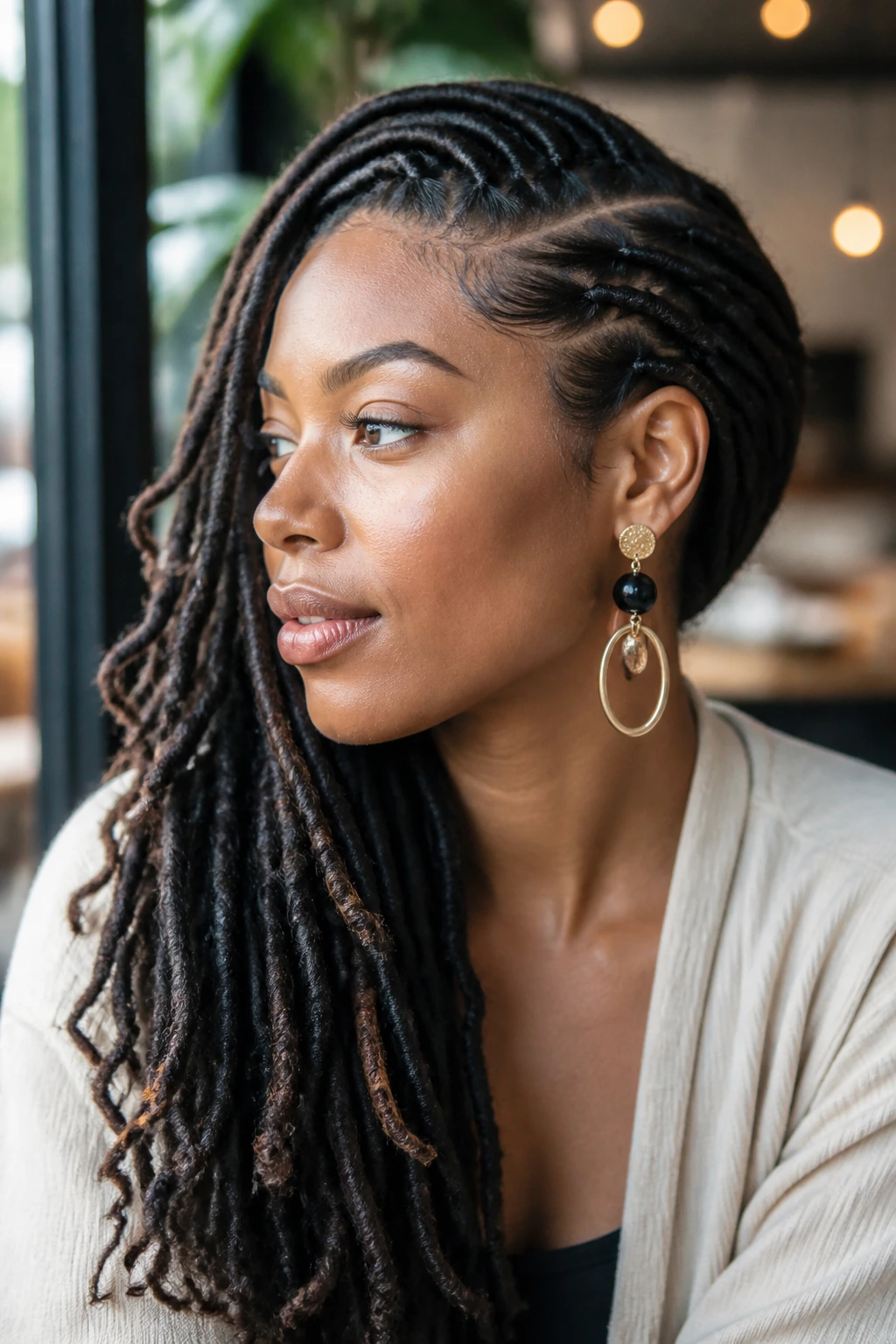Portrait of a woman with deep side-swept goddess locs over one shoulder