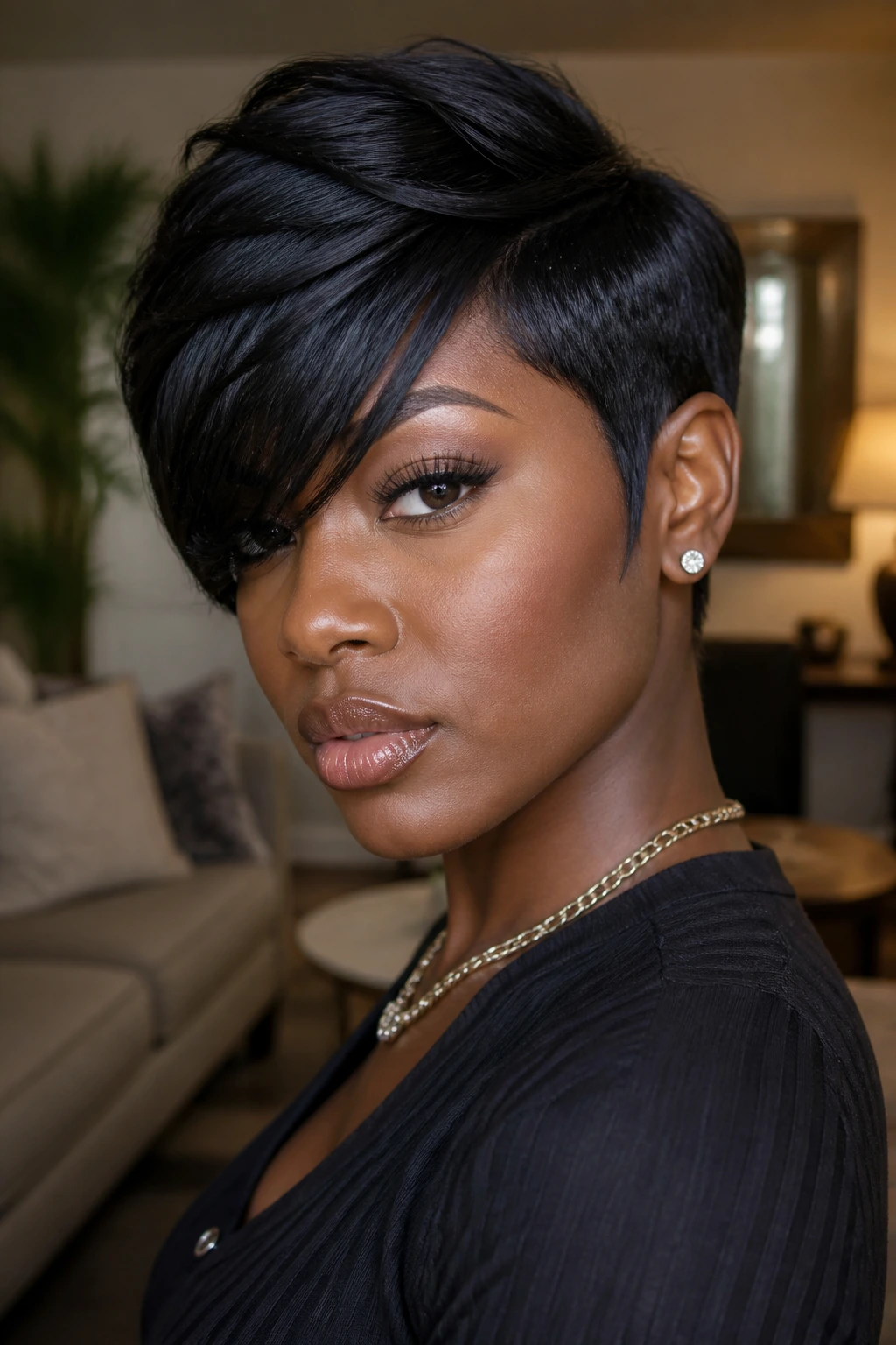 Close-up of a real Black woman with a deep side-swept pixie and diagonal fringe.