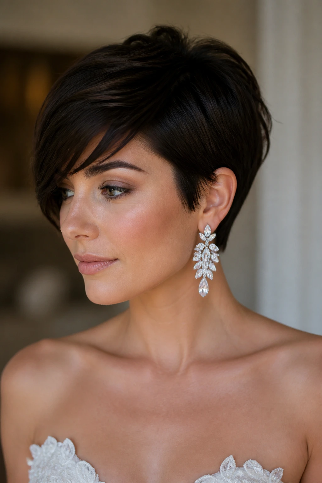 Bridal deep side-swept pixie with statement earrings, close-up