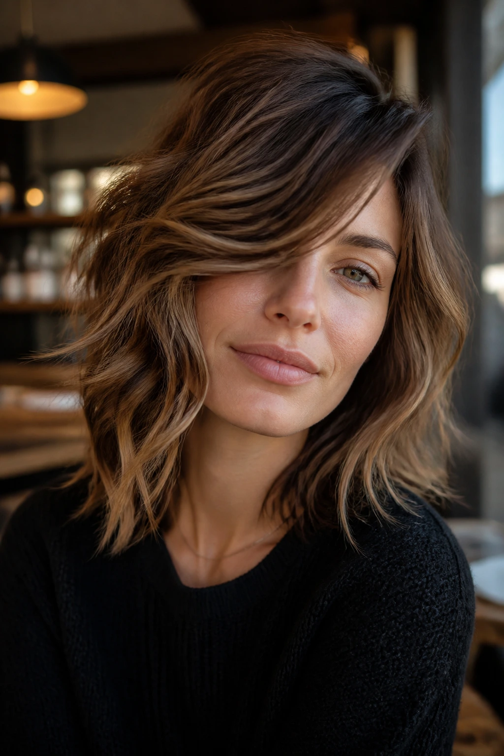 Close-up portrait of a real woman with deep side-swept shag