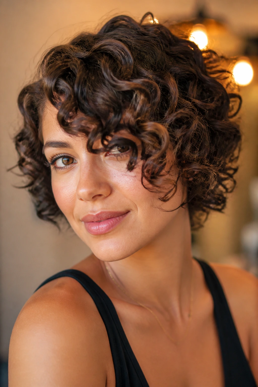 Close-up of deep side-swept spiral fringe on a real woman.