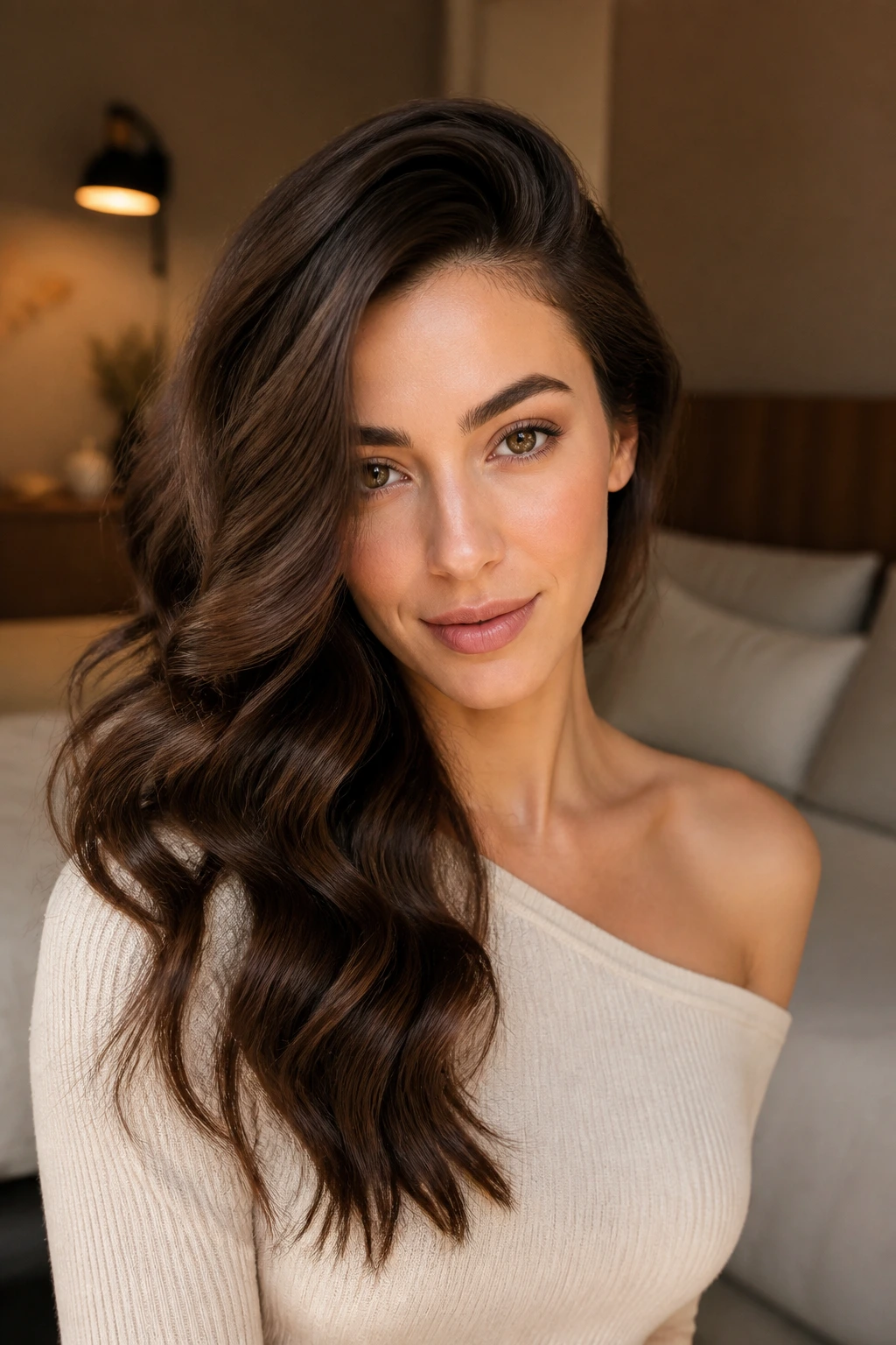 Close-up of a real woman with deep side-swept waves framing her face