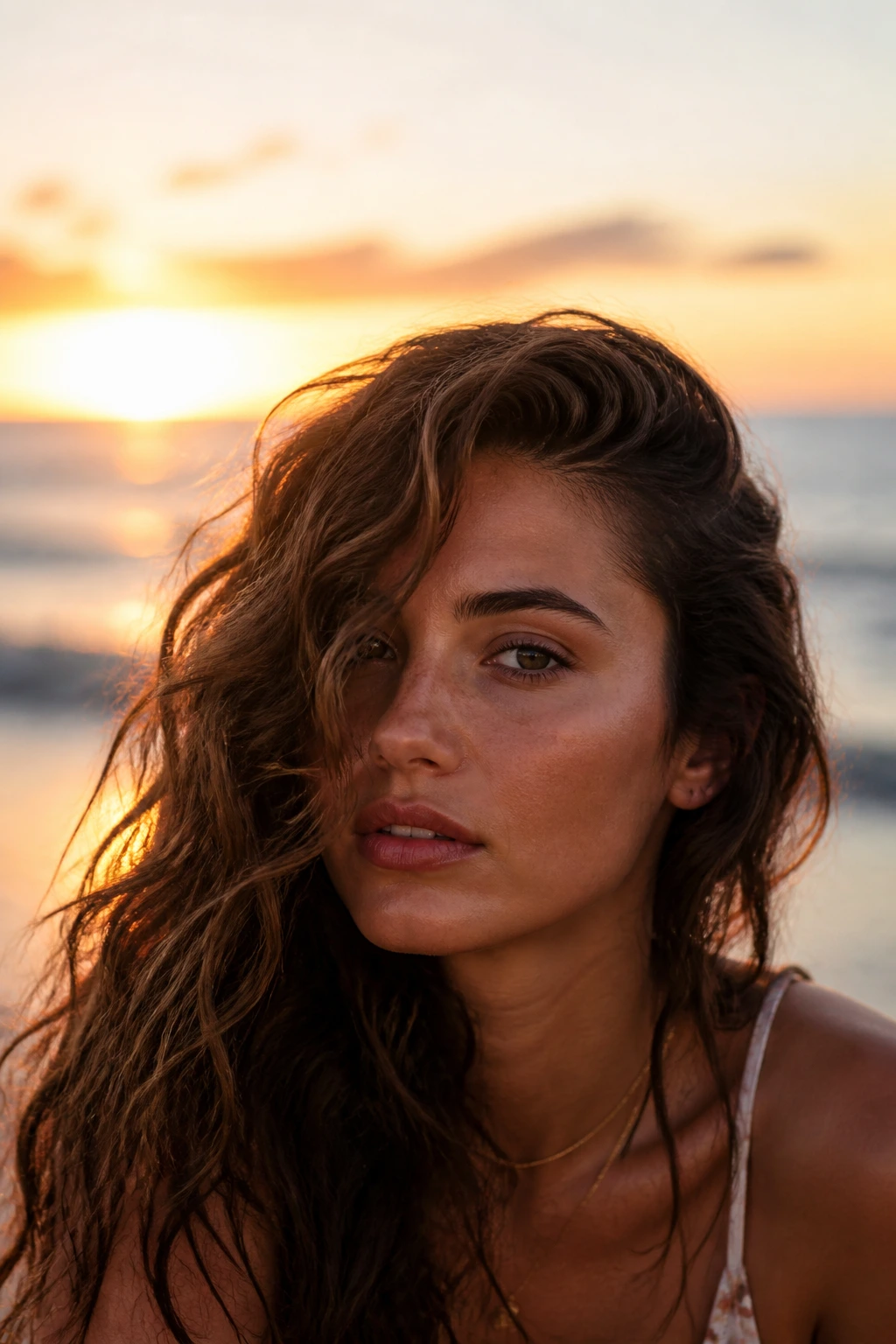 Close-up of a real woman with deep side-swept beach waves at sunset