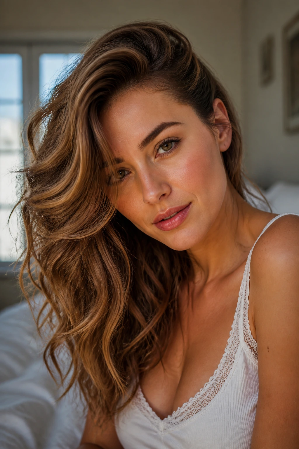Close-up portrait of a real woman with deep side-swept waves, one side across the forehead, soft window light