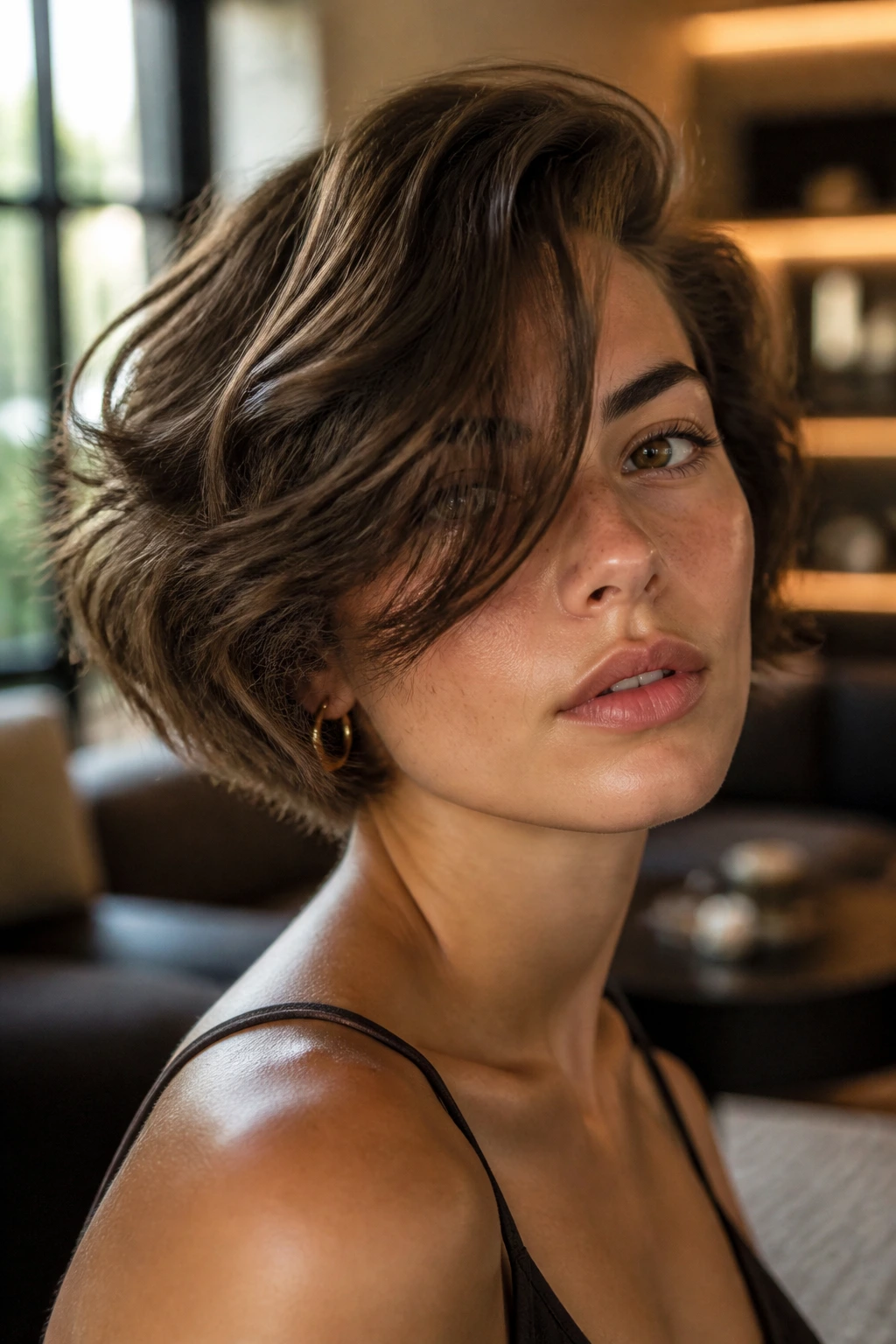 Portrait of a woman with deep side-swoop bob in soft indoor lighting.