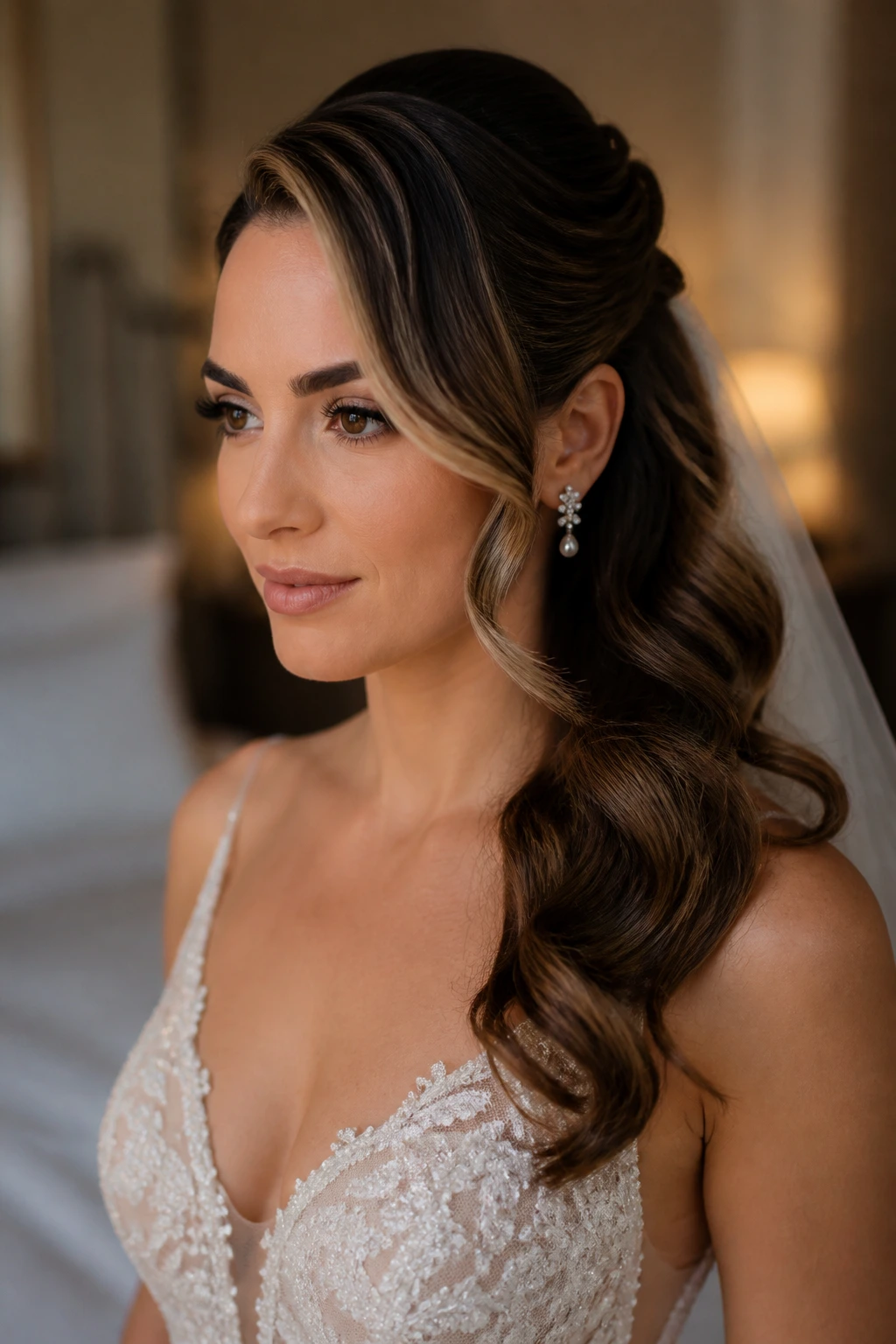 Bride with deep side part and sculpted front pieces in a half-up style