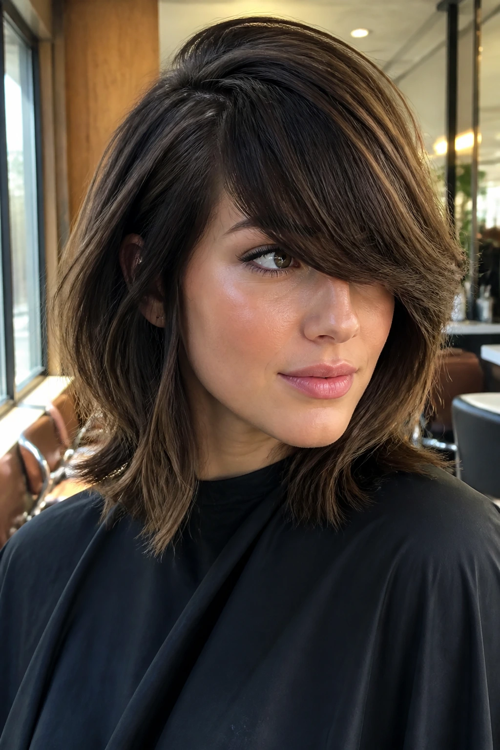 Close-up of a real person with a deep side part and heavy fringe in a sunlit salon.
