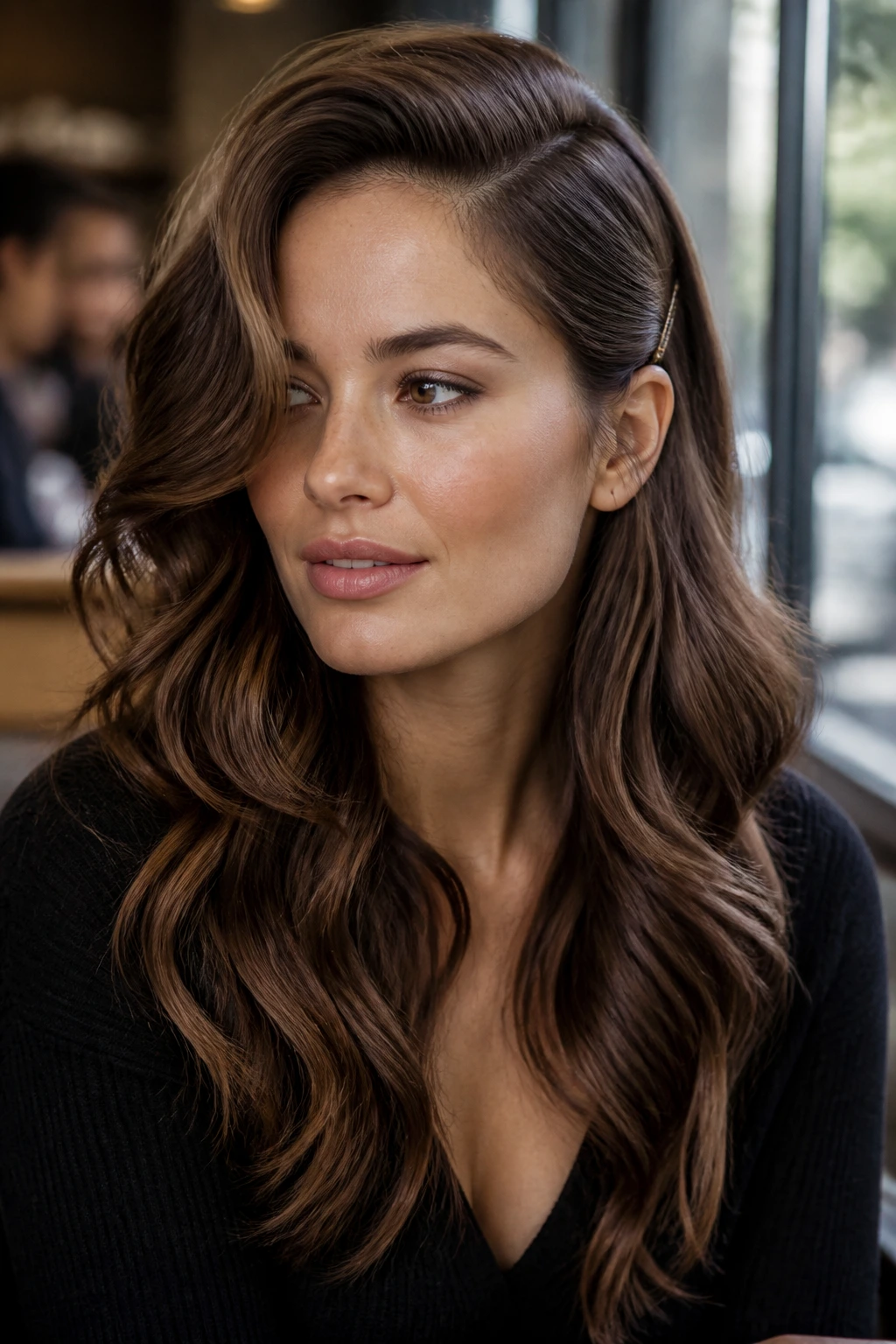 Real person with deep side-part glam waves and tucked side at a cafe window