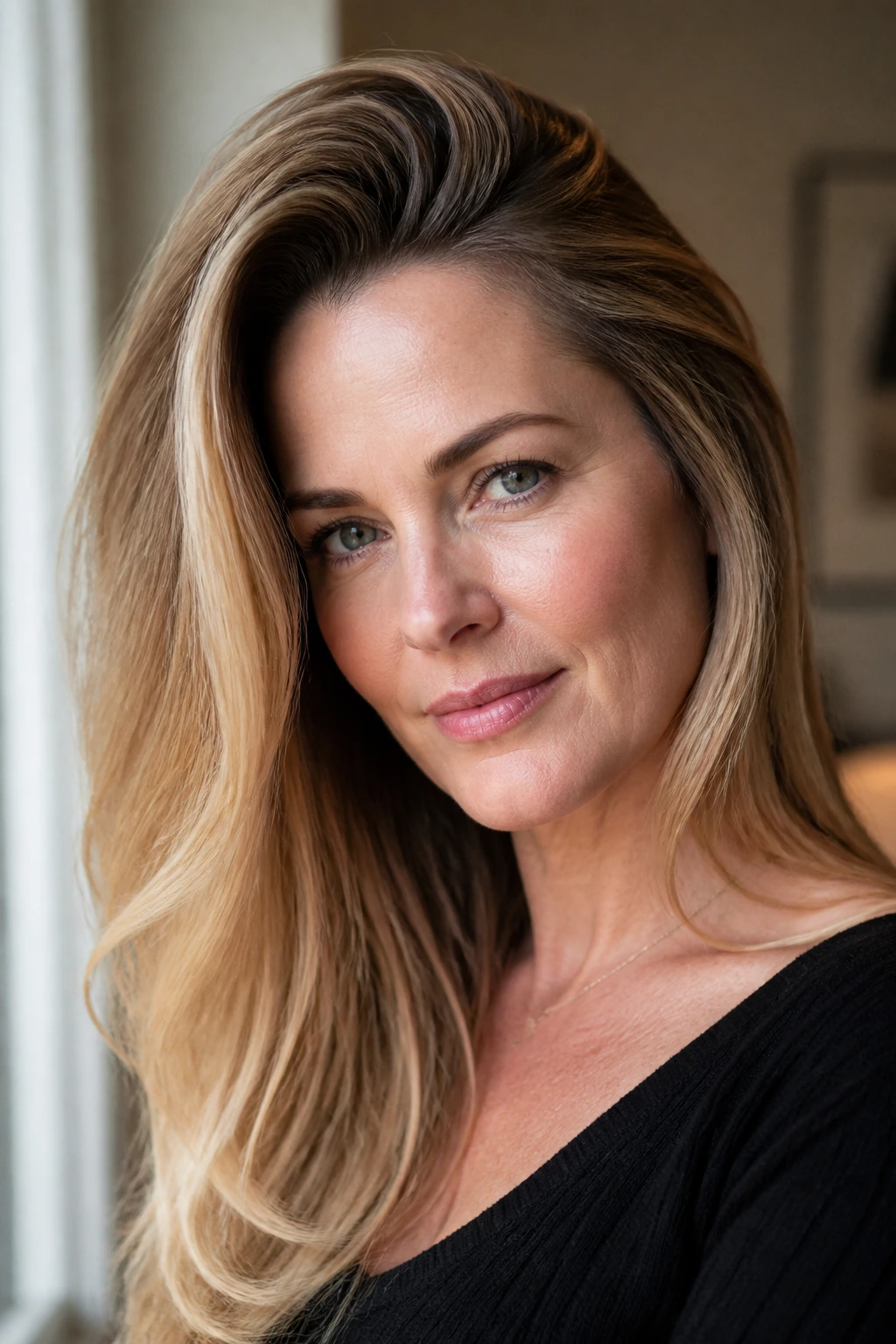 Close-up of a real woman's hair with a deep side part and lifted roots in natural light