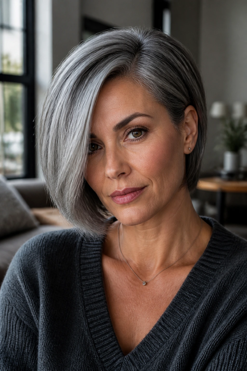 Close-up of a real person with a deep side-part smoky gray bob