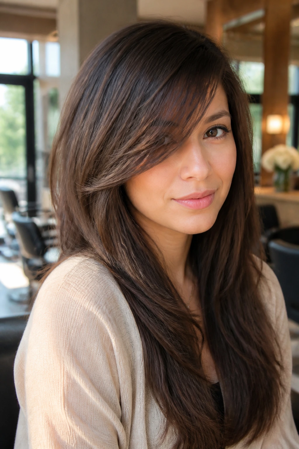 Close-up of a real woman's face with deep swoop bangs starting at the temple