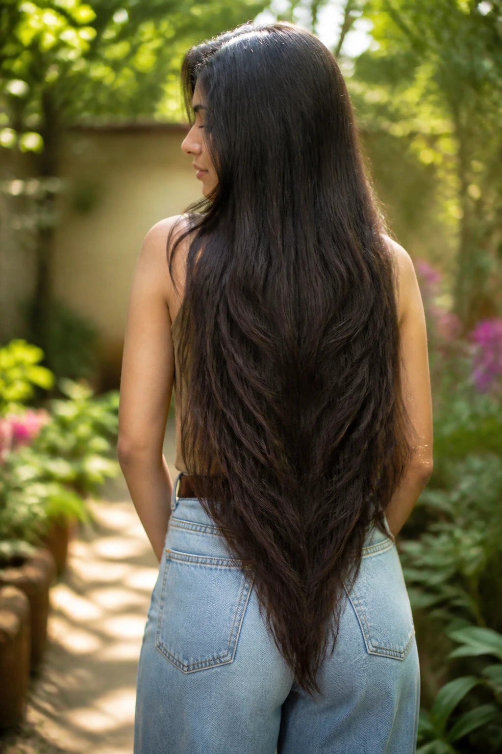 Portrait of a real woman showing a deep V cut with a long center tail in waist-length hair