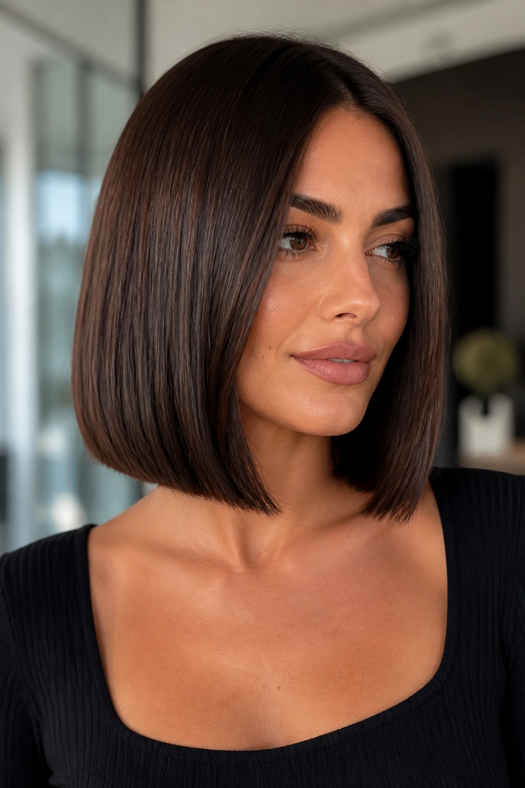 Close-up of a real woman's deep walnut hair with a sharp lob and glossy shine