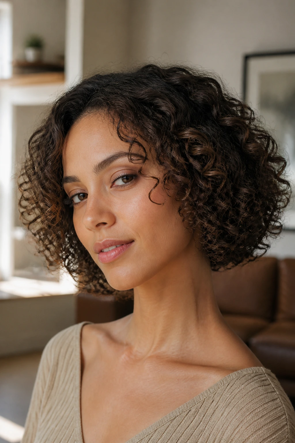 Close-up of a real woman with a defined curly bob between jaw and shoulders, showing bounce and movement