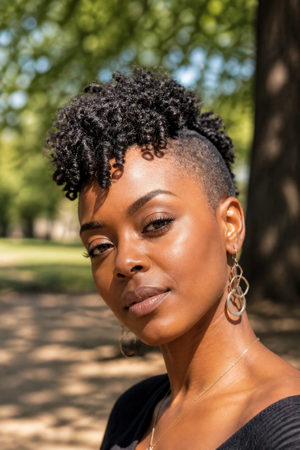 Close-up portrait of a real woman with a defined coil frohawk showing crisp coil patterns.