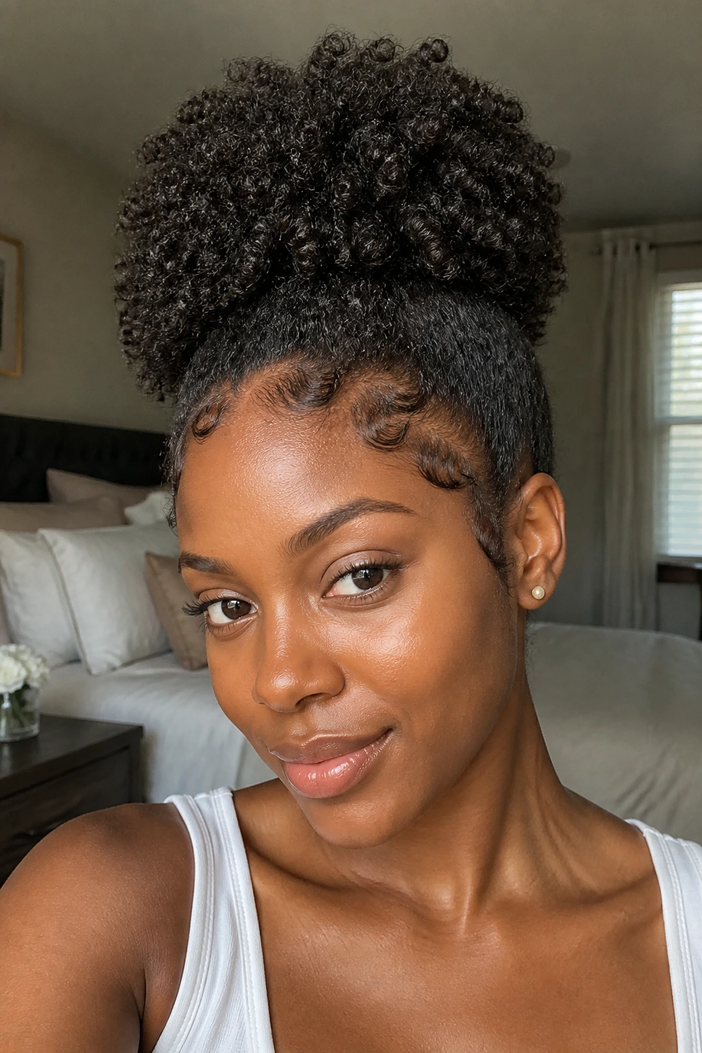 Close-up of a real woman with clearly defined coils around the puff.