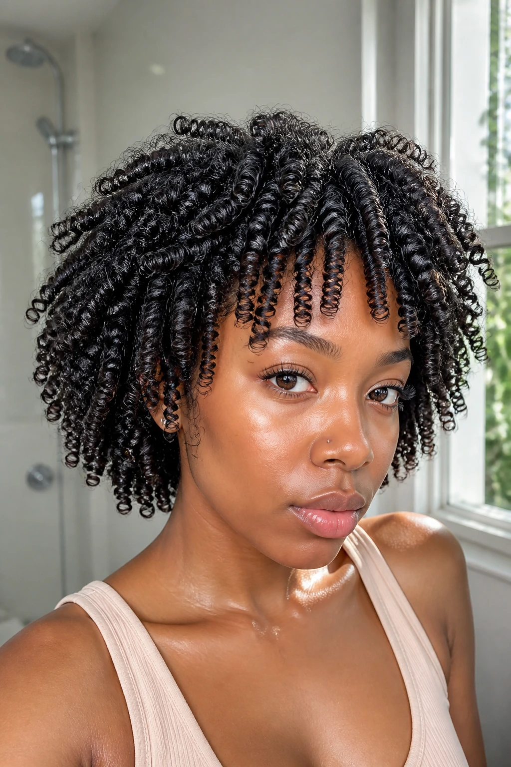 Close-up of a real person with clearly defined damp coils after wash-and-go styling