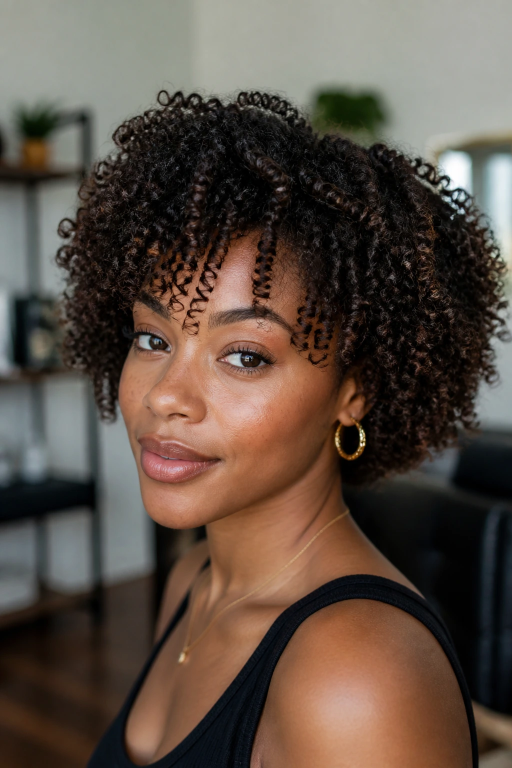 Portrait of a person with a defined curl cut suited to their natural hair pattern.