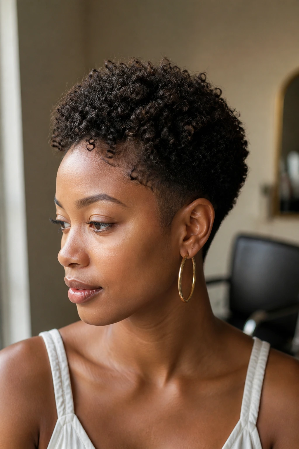 Close-up portrait of a real person with a defined curl cut, highlighting crown shape and tapered sides.
