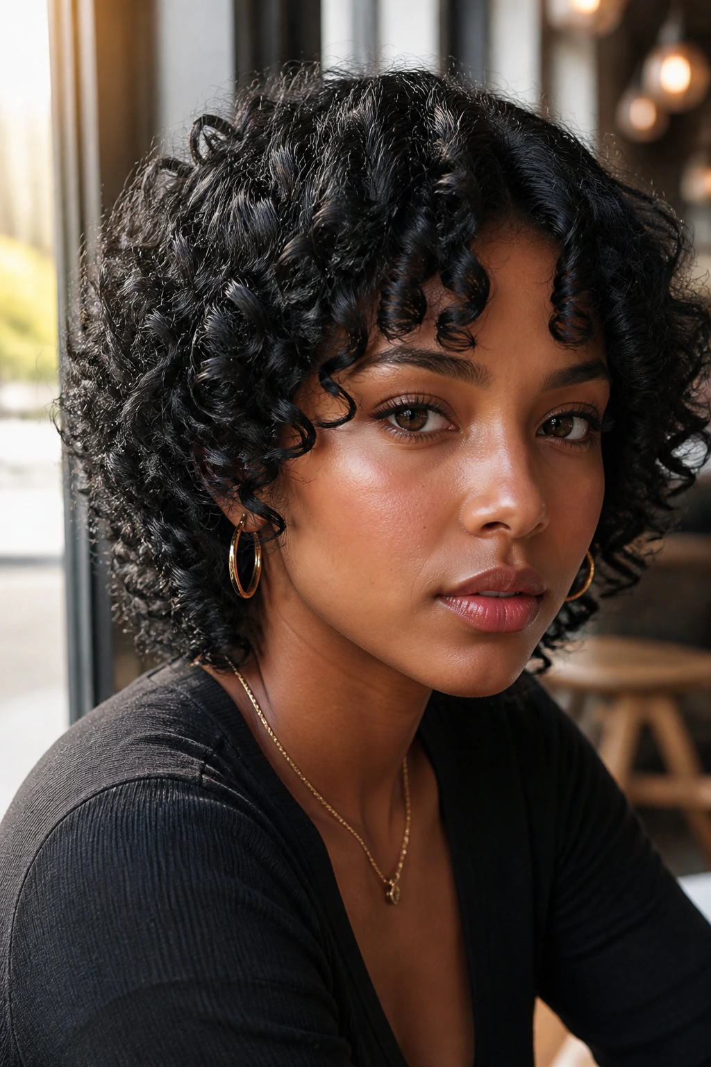 Close-up of Defined Curl Shag with a Soft Part on a real person showing defined curls and a gentle part