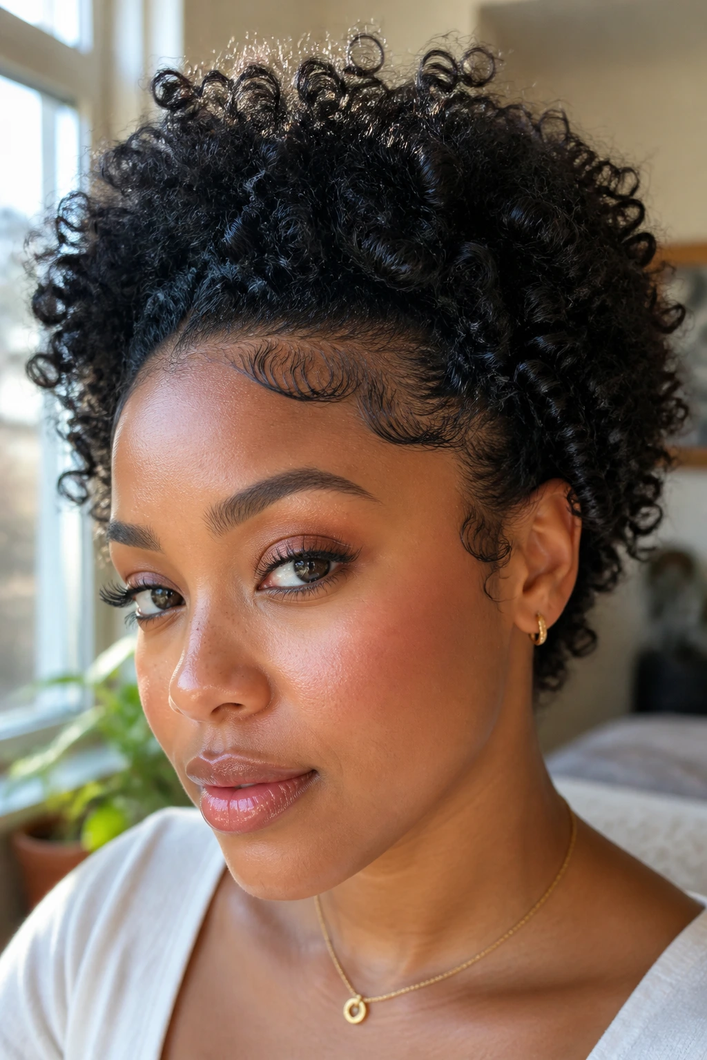 Close-up of a woman with defined natural curls and soft edge control at the hairline