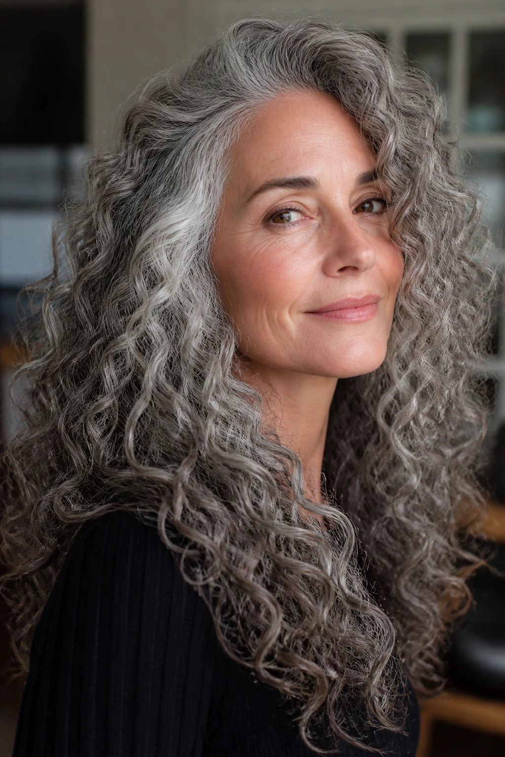 Close-up of a woman with defined gray curls on long hair, soft lighting.