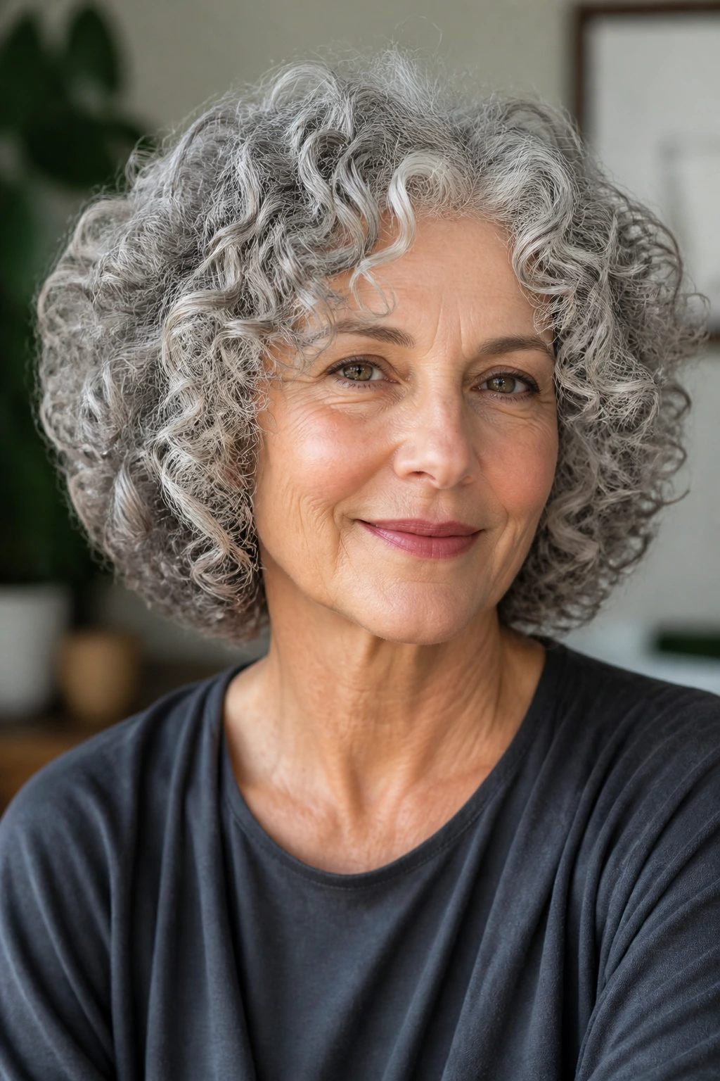 Portrait of an older woman with defined gray curls in a rounded shape around the face